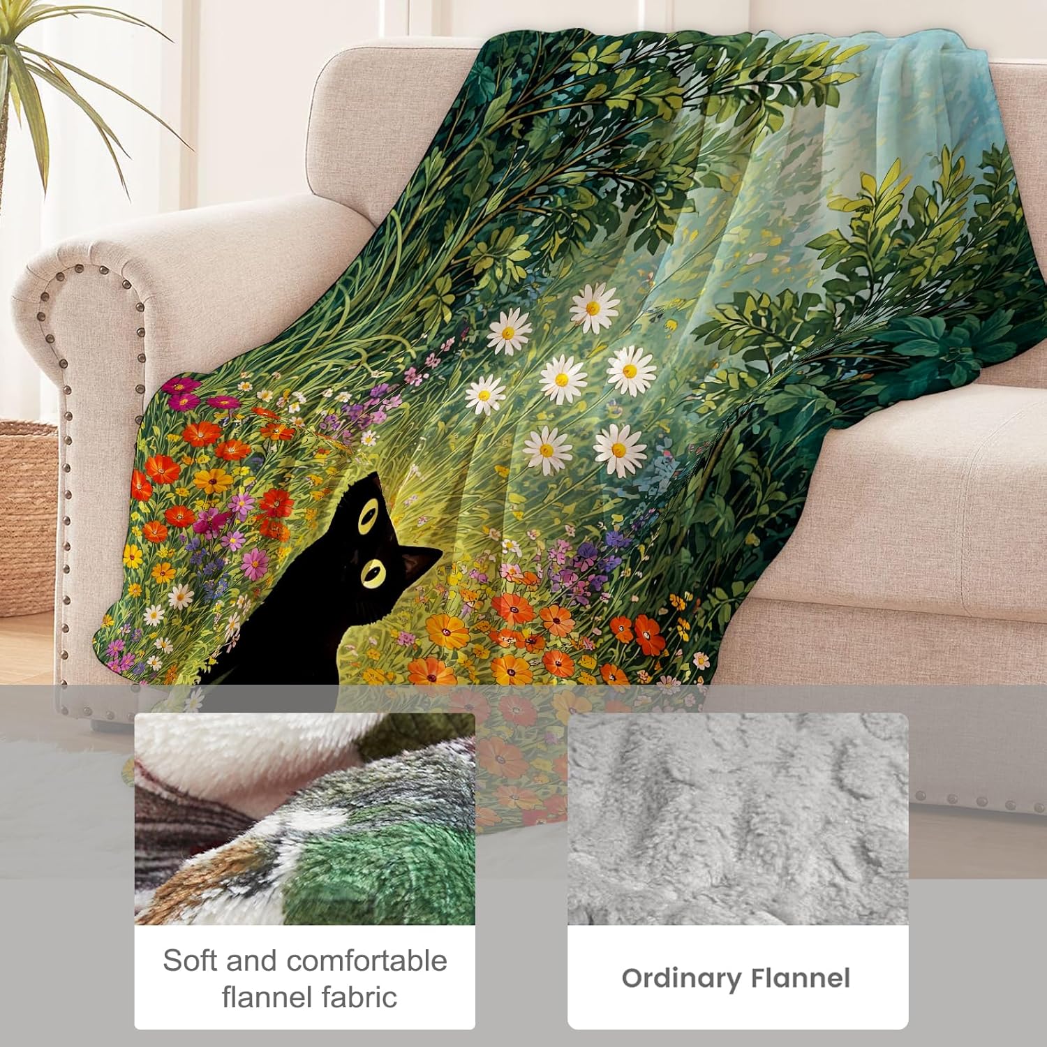 Cute Black Cat Floral Blanket for Cat Lovers, Garden Kitten Botanical Flannel Blankets, Nature Art Gifts, Soft Warm Cozy Throws for Sofa Couch Bed Living Room Bedroom Home Decor 60" x 50"