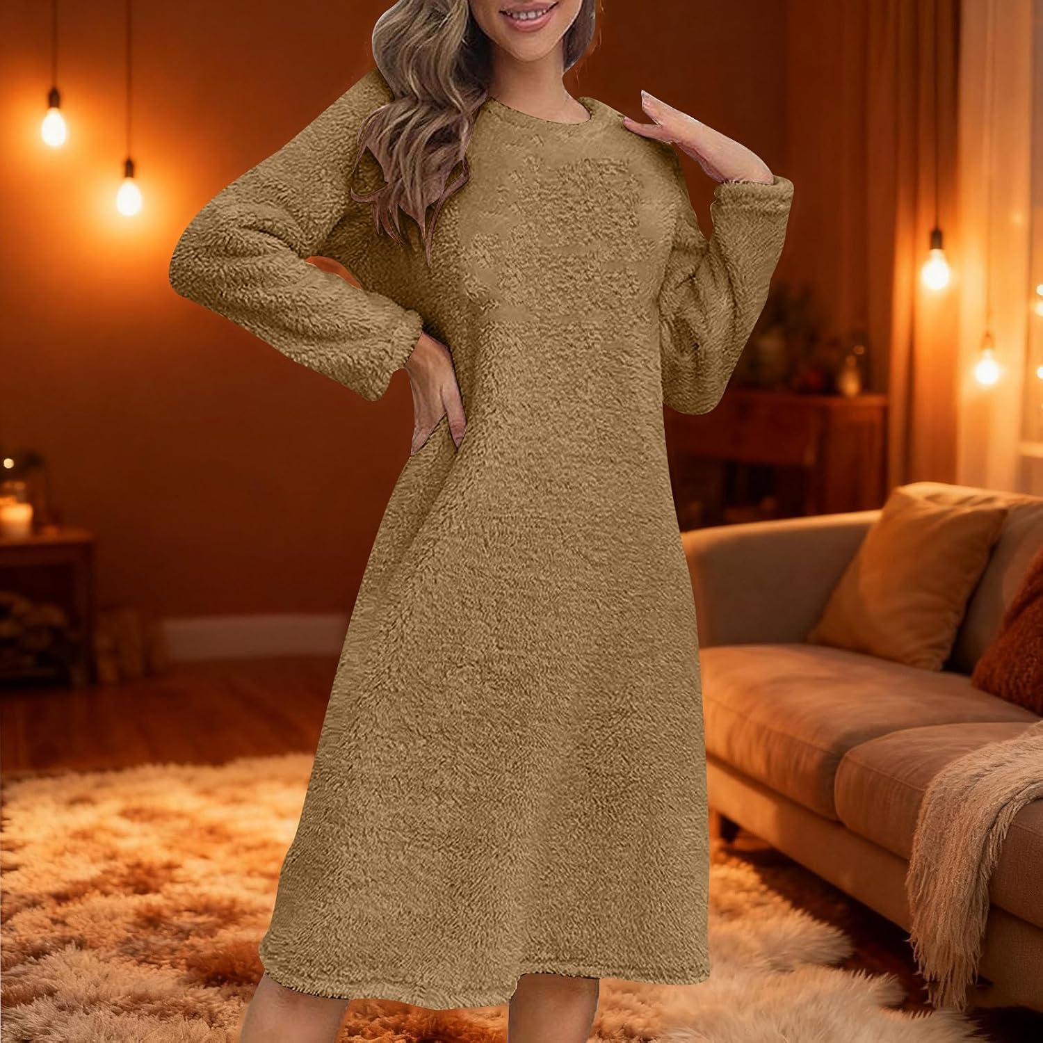 Women's Flannel Nightgown Fuzzy Fleece Cozy Plush Warm Winter Pullover Loungewear Sleepdress Crewneck Nightdress