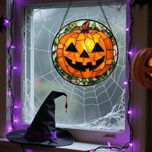 Miniatura 5 de Colgante de Vidrio Emplomado para Ventana, Decoraciones de Halloween Calabaza Malvada Atrapasol para Puertas Jardín Interior Espeluznante Divertido