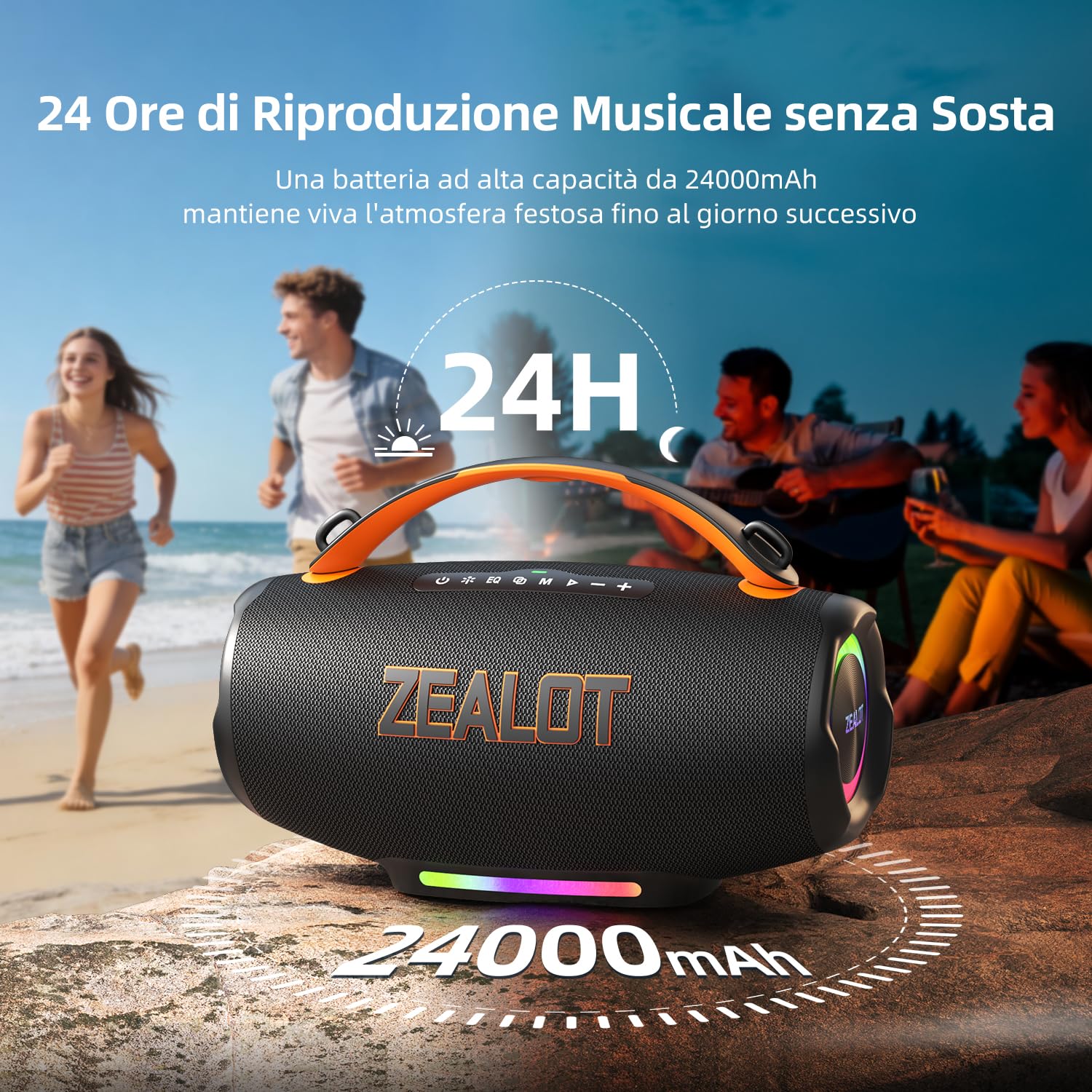 Zealot Cassa Bluetooth portatile da 100W con Luce,24 ore di Riproduzione,Bluetooth 5.3,Impermeabilità IP56,Audio Stereo, AUX da 3,5 mm/TF/USB,Ricarica Type-C