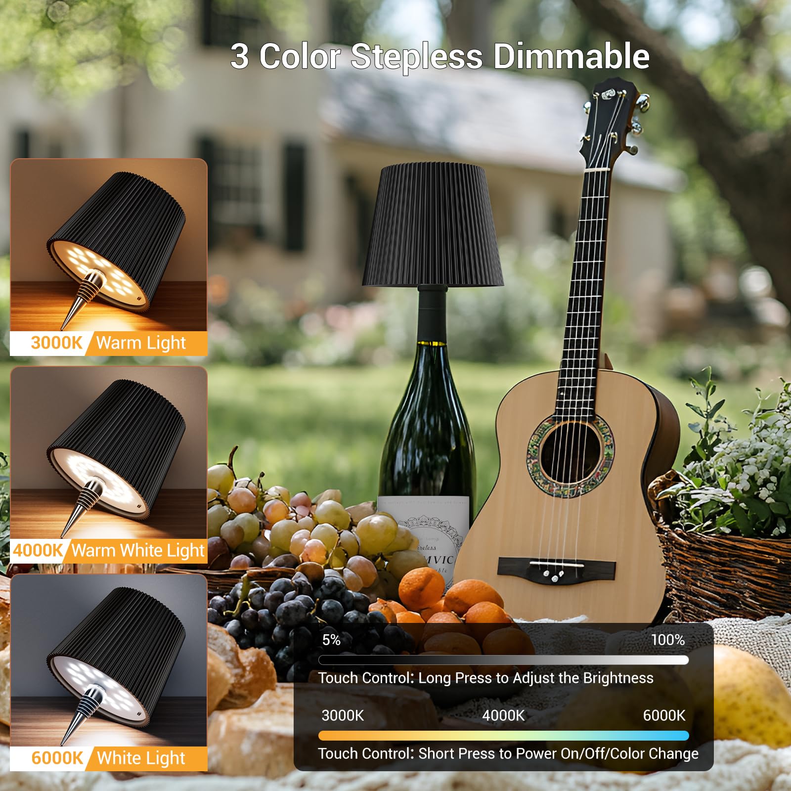 2 Stück Flaschenlampe LED Aufladbar - 5200mAh Tischlampe Kabellos Dimmbar 3 Farben - Flaschenlicht Touch Control IP54 Spritzwassergeschützt für Innen Außen Familie Restaurant (Schwarz+Weiß)