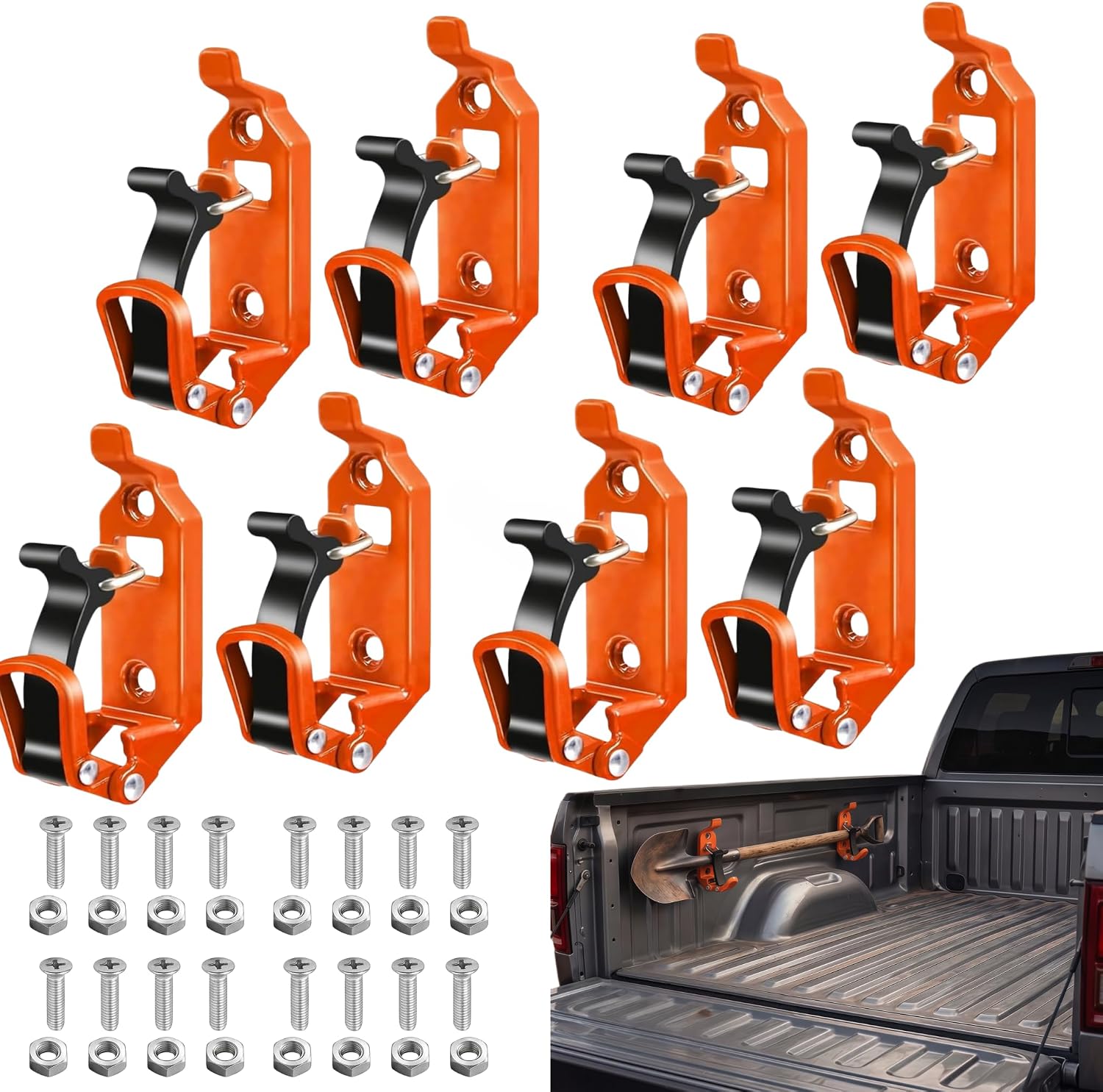 Premium Heavy Duty Metal Rubber Shovel Mount Kit - Quick Release Axe Holder & Tool Clamps for Roof Rack, Truck Bed, Off-Road UTV - Secure Zinc Alloy Organizer Brackets for Outdoor Gear (Orange, 8PCS)
