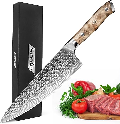 SCOLE Damasco - Cuchillo de chef japonés de 8 pulgadas con mango de madera de sombra blanca de primera calidad cuchillo de chef de cocina afilado de