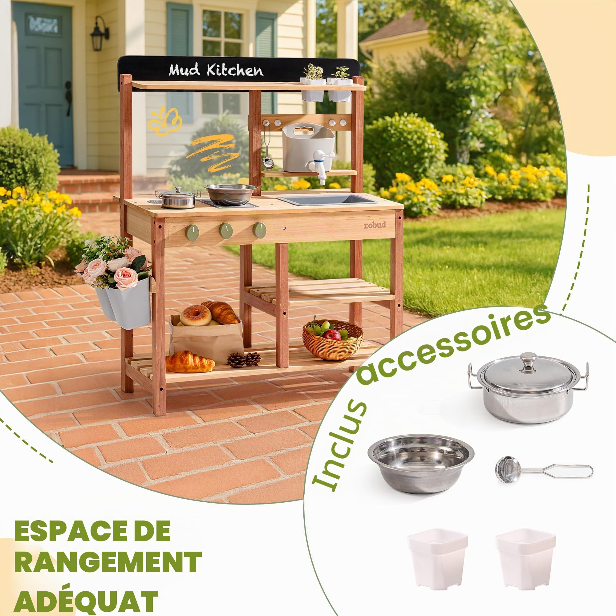 ROBUD Cuisine boueuse en Bois - Cuisine de Jeu d'extérieur avec Accessoires et Tableau à colorier - Jouet à roulettes pour Enfants à partir de 3 Ans