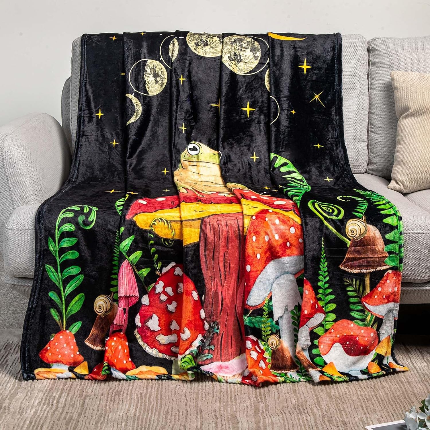 Mystical Forest Frog and Mushroom Throw Blanket - Soft Flannel Plush Blanket for Bed, Couch, Sofa, and Chair - Available in 50" x 60" Sizes - Image 2