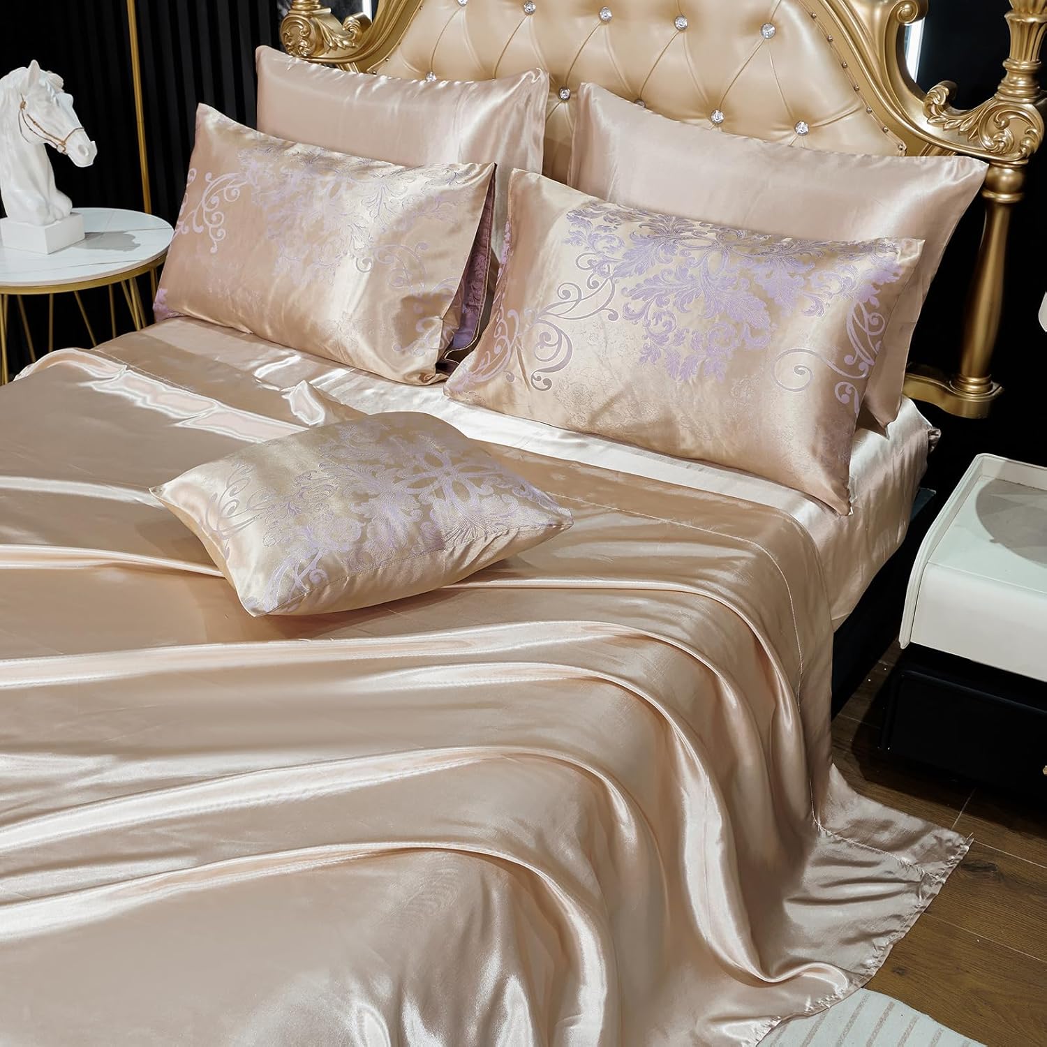 Jacquard King Comforter Set with Sheet Set Gold Bedding Set 8 Pcs Embroidery Neoclassical Floral Pattern Bed Home Decor Soft Down Comforter Luxury Hotel Silky Bed in a Bag with 1 Cushion Cover - Image 5