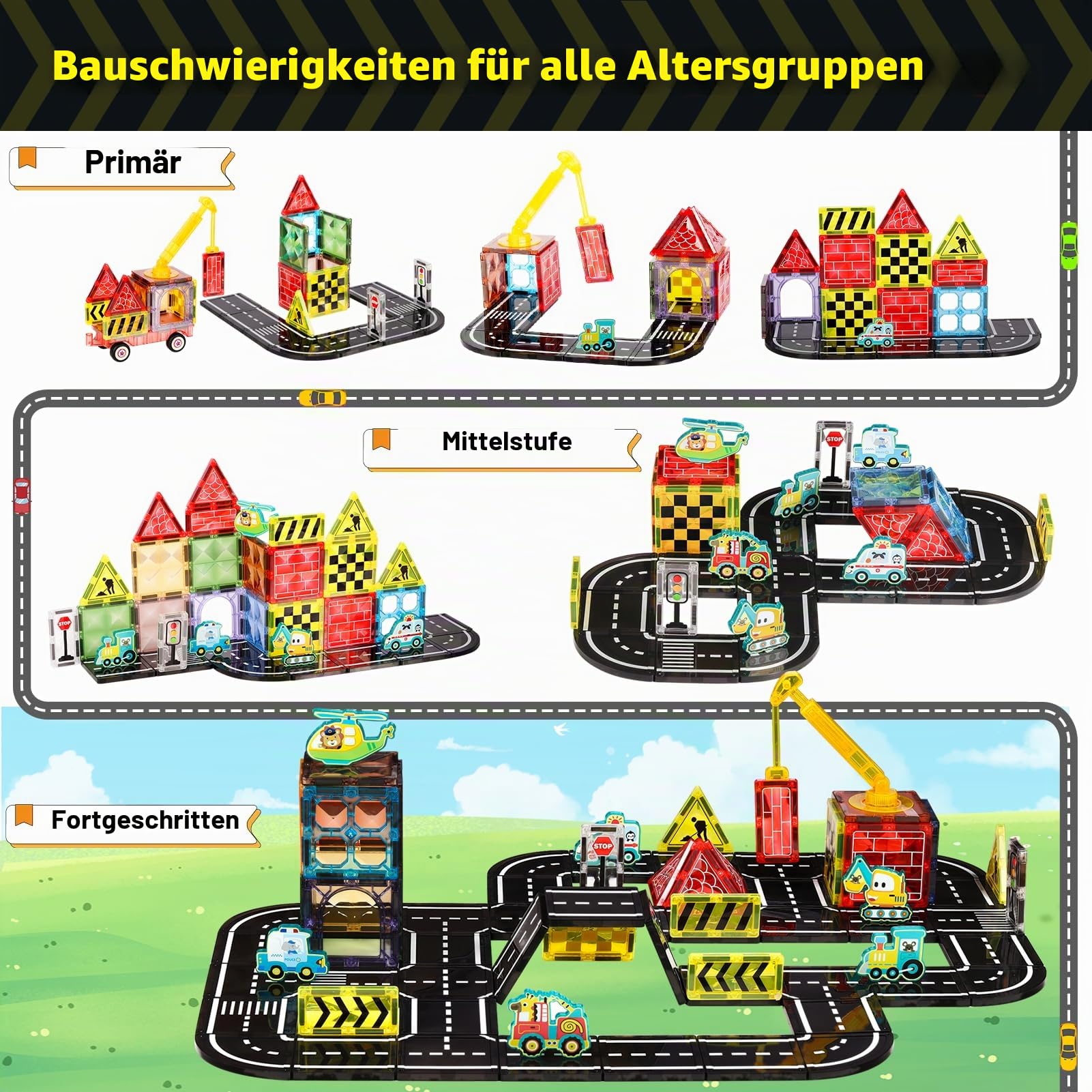 80PCS Magnetische Bausteine Straßenset, 7,5 cm Große Magnetische Bausteine inkl. Flugzeug Auto für Jungen Mädchen 3 4 5 6 7 8 9 10 11 12 Jahre STEM-Konstruktionsspielzeug pädagogisches Geschenk