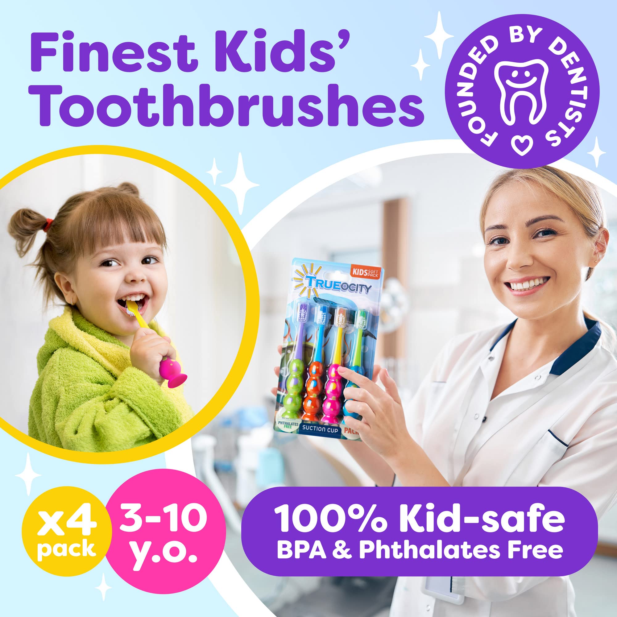 Trueocity Kids Toothbrushes 4 Pack - Soft Contoured Bristles - Szczotki z pędzlem dla dzieci (3-10 lat) - Puchar ssania dla zabawy i łatwego przechowywania - Assorted Set (Blue, Orange, Pink, Yellow,