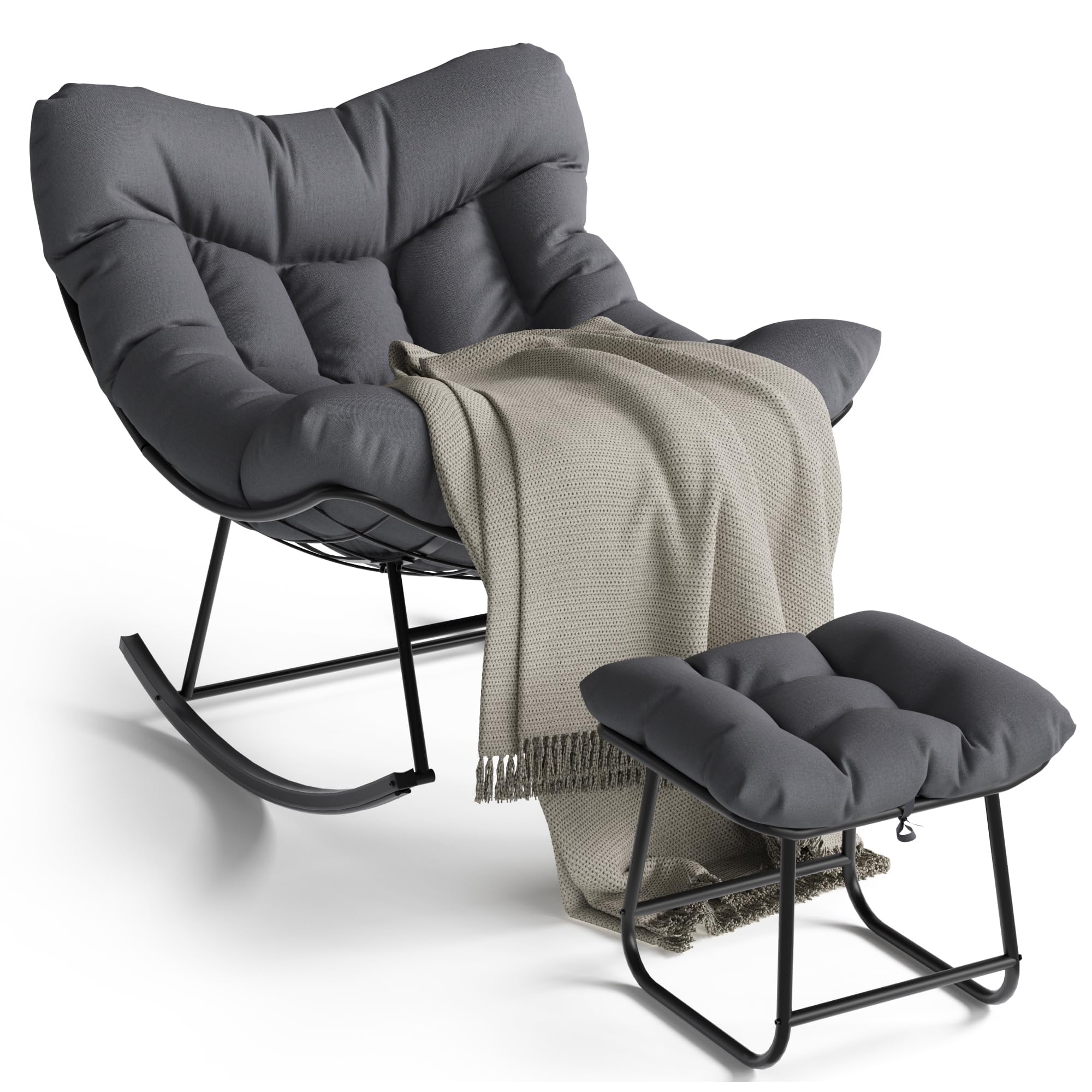 Sedia a dondolo esterno oversize forma uovo poggiapiedi - Seduta ergonomica tessuto grigio imbottitura spessa, struttura in metallo resistente alle intemperie, moderna sedia giardino giardino