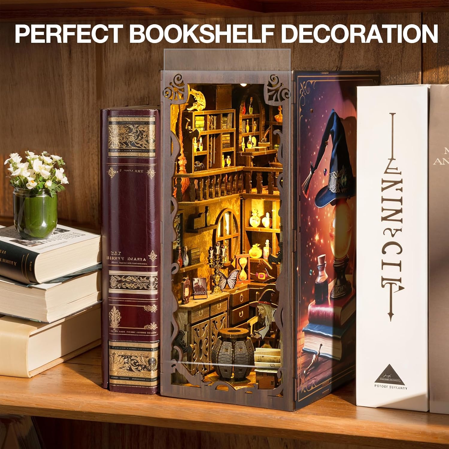Book Nook Kit, DIY Miniature House Kit with Dust Cover LED Light 3D Wooden Puzzle Bookends Crafts Bookshelf Decoration Gift for Adults and Teens (Magic Night)