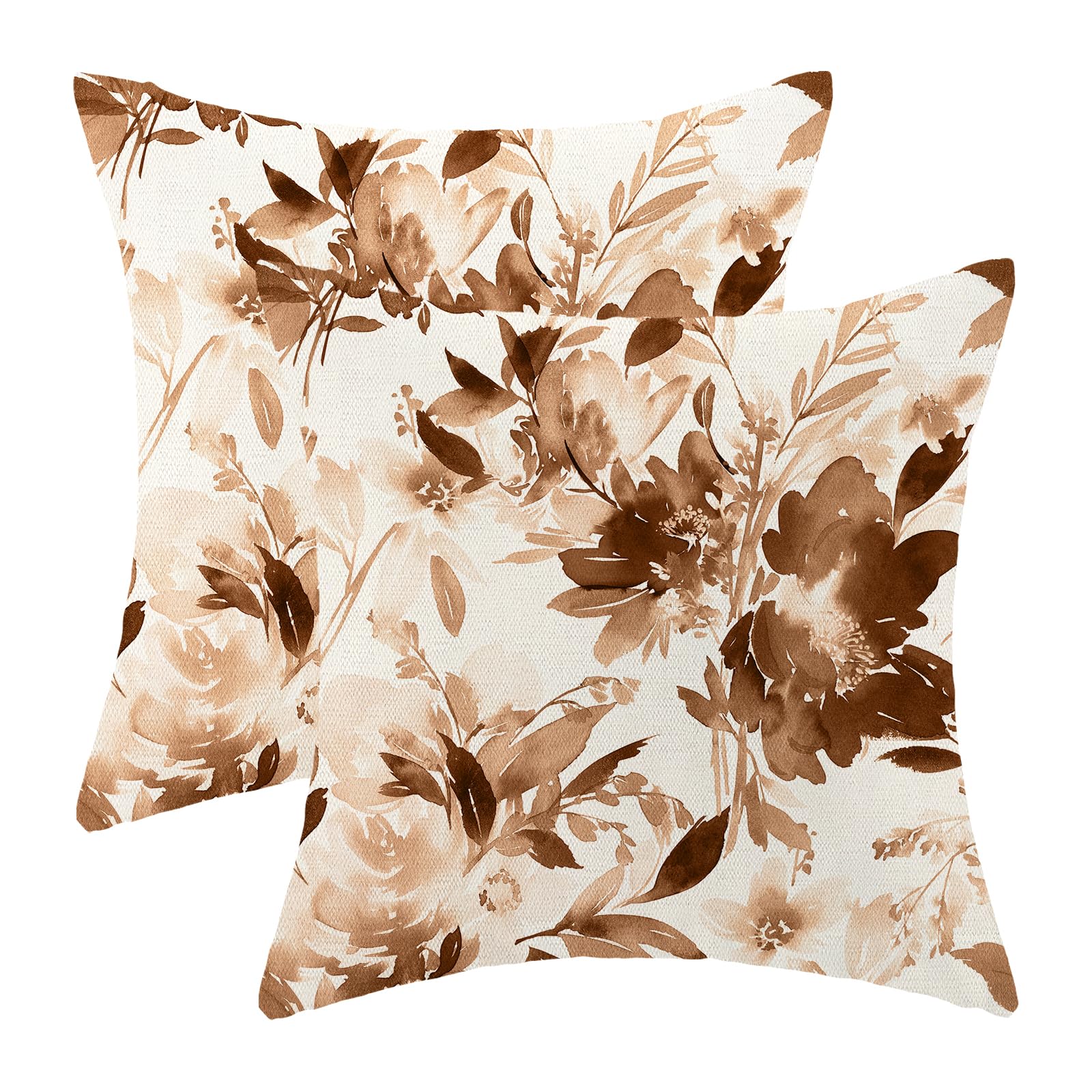 Spring Floral Pillow Covers 18x18 Set of 2 Watercolor Brown Flower Decorative Throw Pillow Covers Outdoor Decoration Vintage Summer Floral Pillowcase Farmhouse Square Cushion Case for Home Sofa