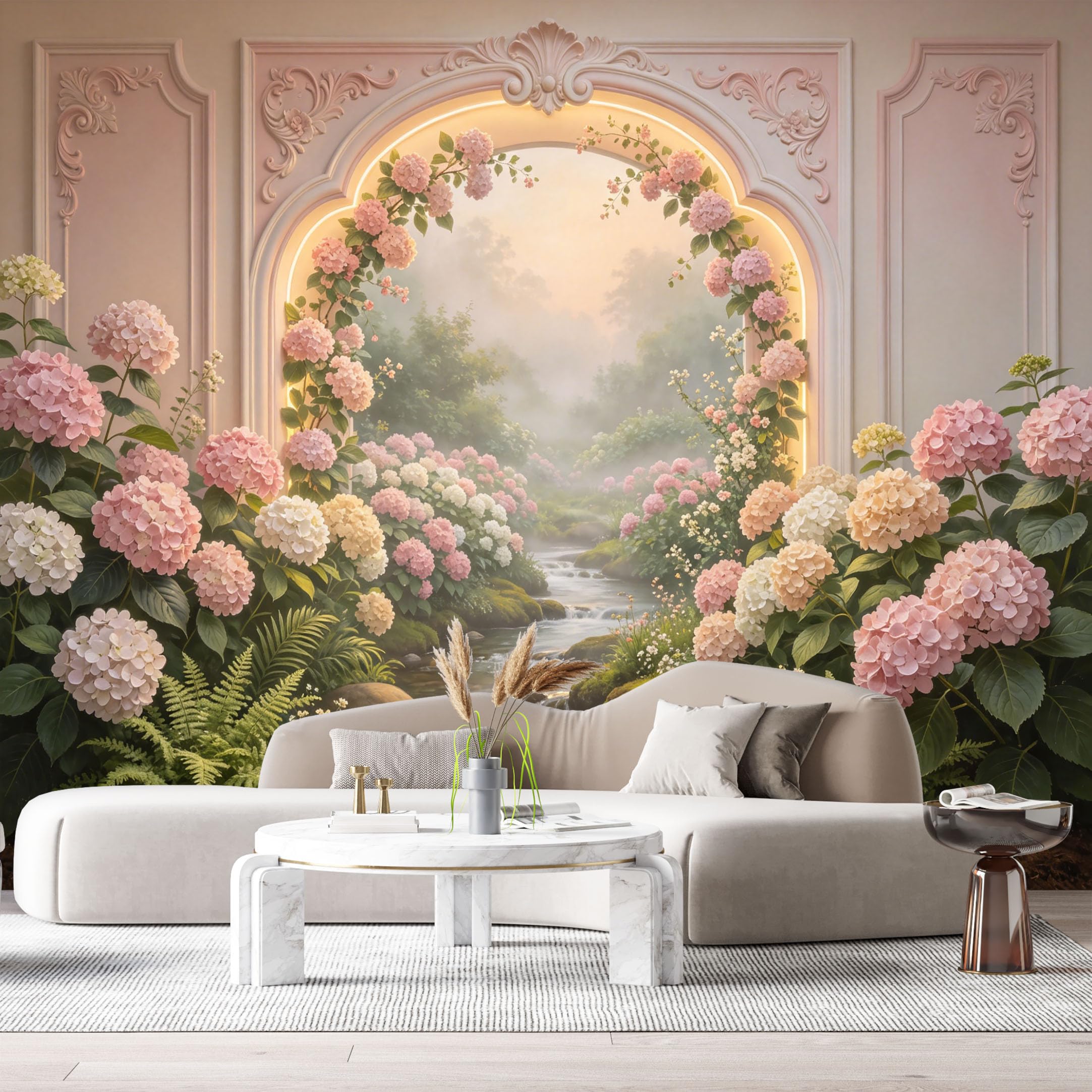 Custom Size Wall Murals Botanical Hydrangea Flower Garden Creek Archway 3D Trompe L'Oeil SelfAdhesiveWall Fabric Removable Wallpaper Wall Decor for Living Room Bedroom Bathroom