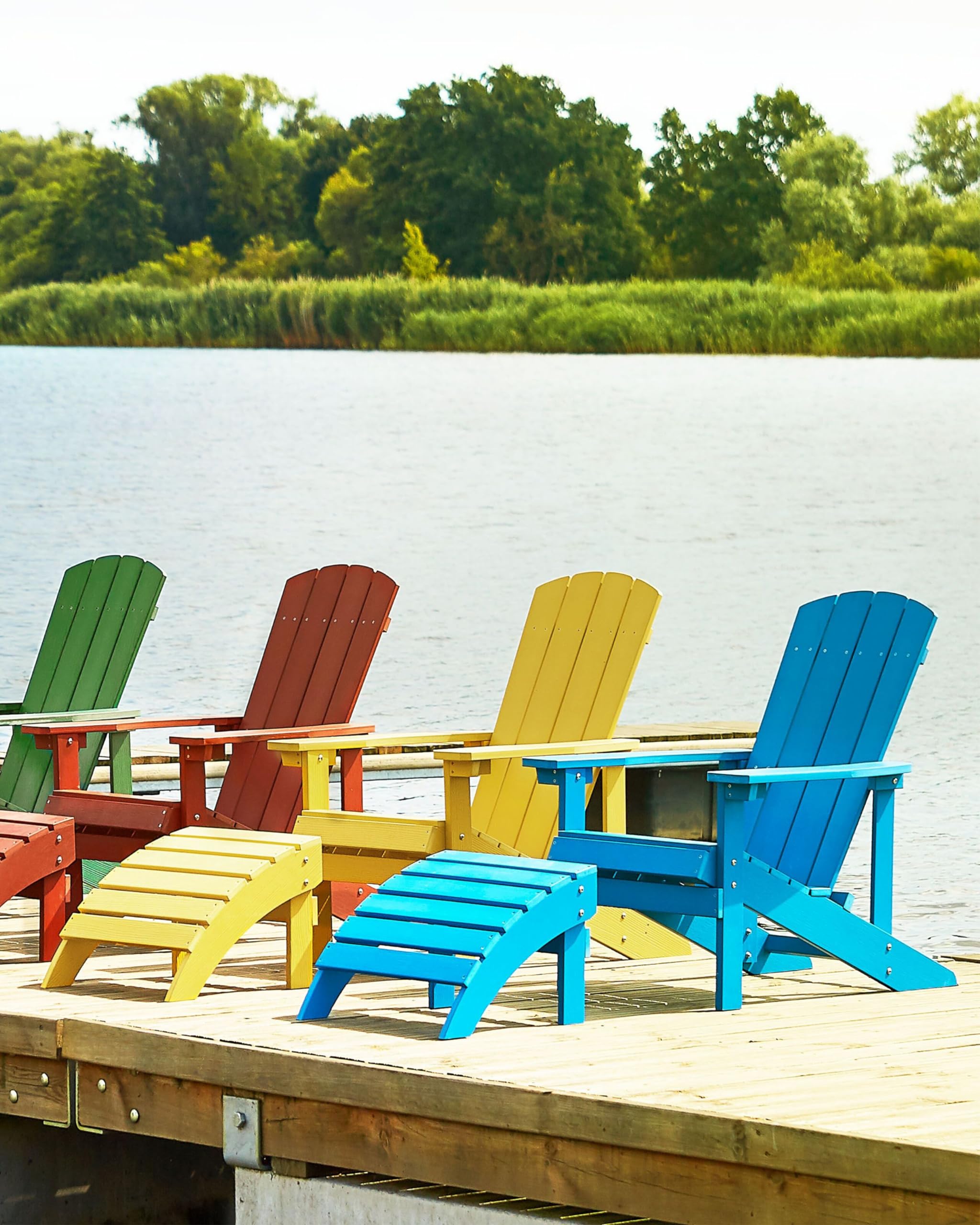 Moderner Muskoka Gartenstuhl Kunstholz Blau mit Hocker Armlehnen Adirondack