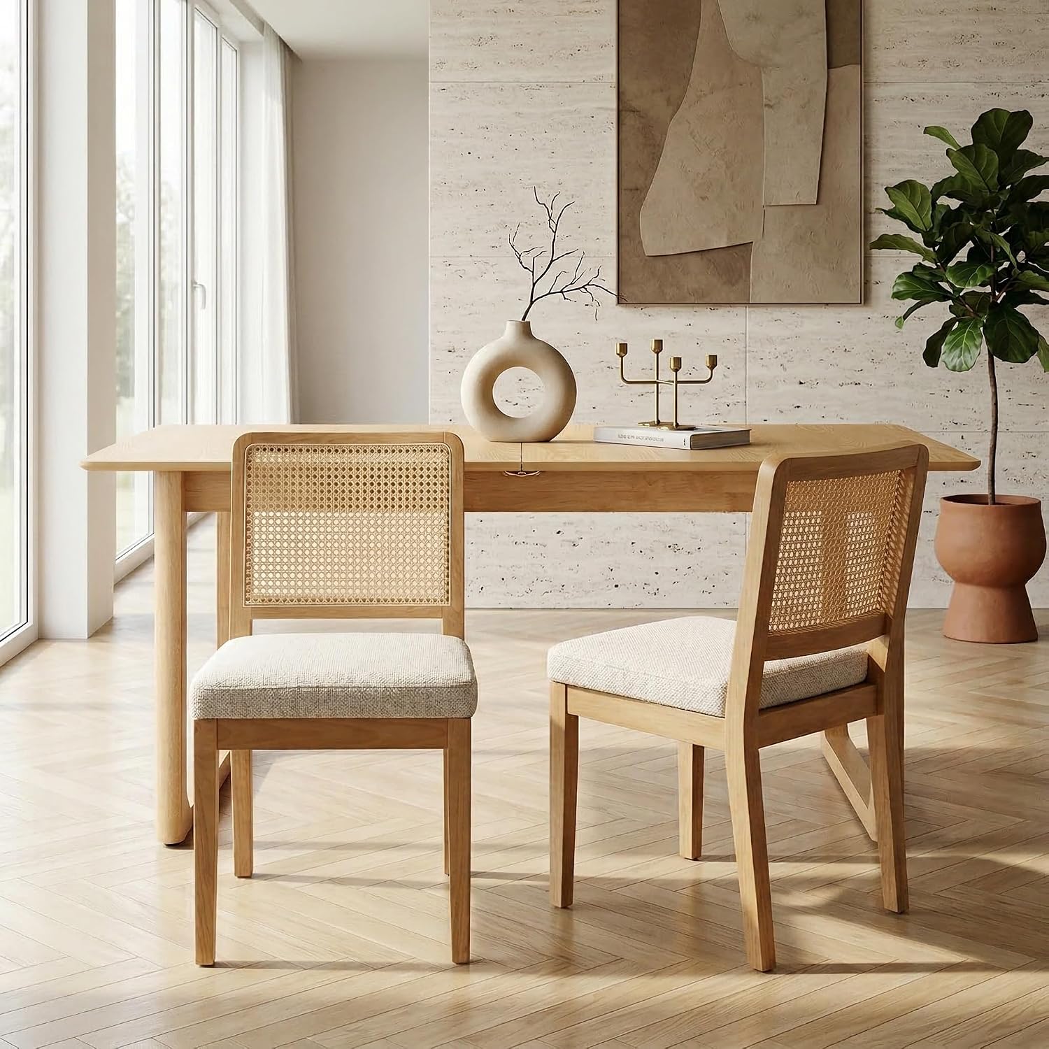 HNY Modern Farmhouse Rattan Dining Chairs Set of 2 Beige Chenille Upholstered Dining Room Chair with Cane Back Mid Century Natural Wood Kitchen Chairs, Boho Accent Wicker Woven Chairs for Living Room