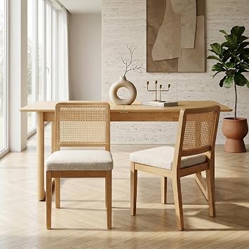 LukeAlon Set of 2 Mid Century Dining Chairs - Farmhouse Kitchen Chairs with Woven Rattan Back, Plush Chenille Upholstered Seats, Solid Wood Legs for Dining Room & Breakfast Nook, White