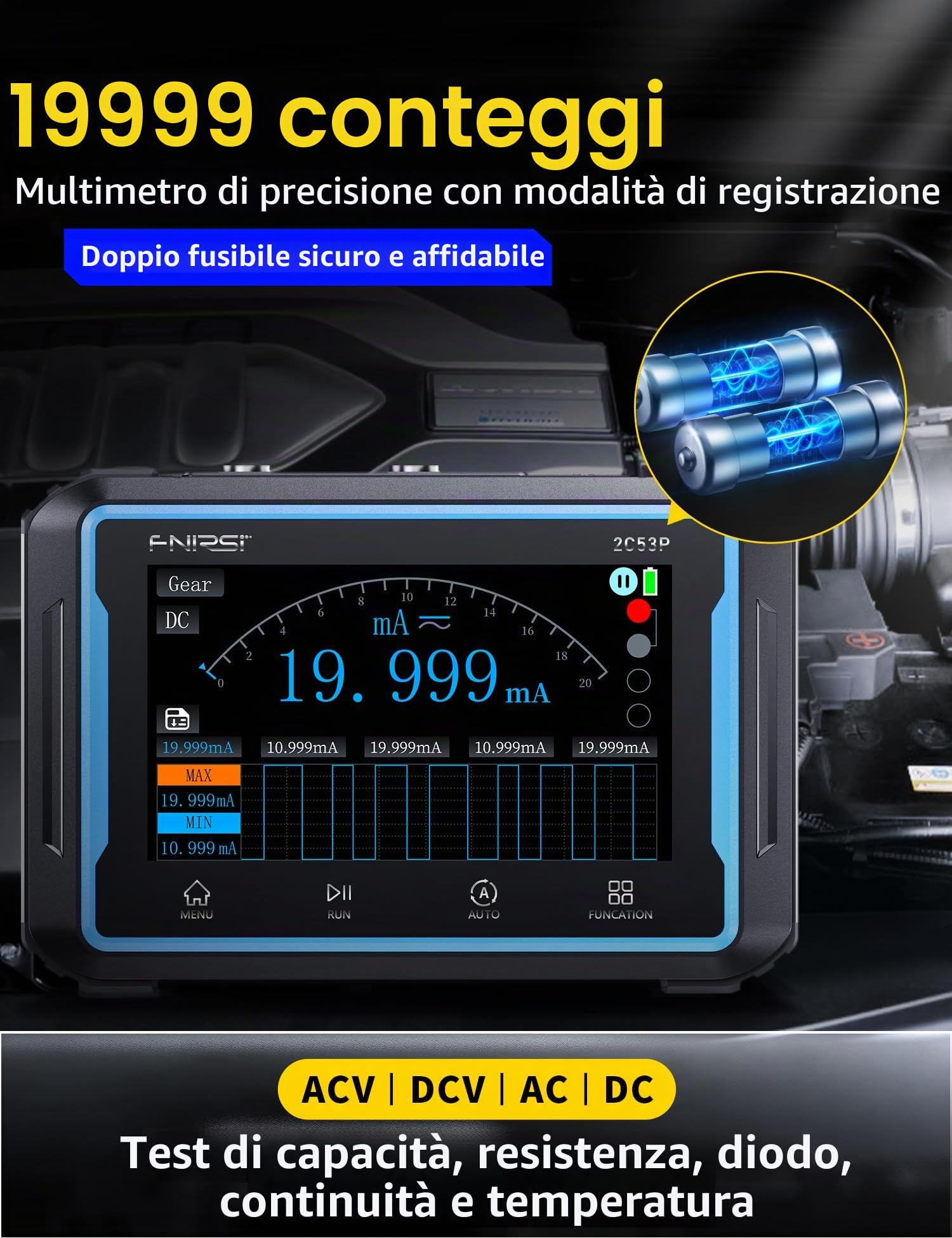 FNIRSI 2C53P Oscilloscopio Multimetro Portatile per Tablet Generatore Segnale DDS 3IN1, Autoveicoli Oscilloscopio Multimetro a 2CH con Larghezza di 50MHz Banda, 19999 Conteggi, 250MS/s Campionamento