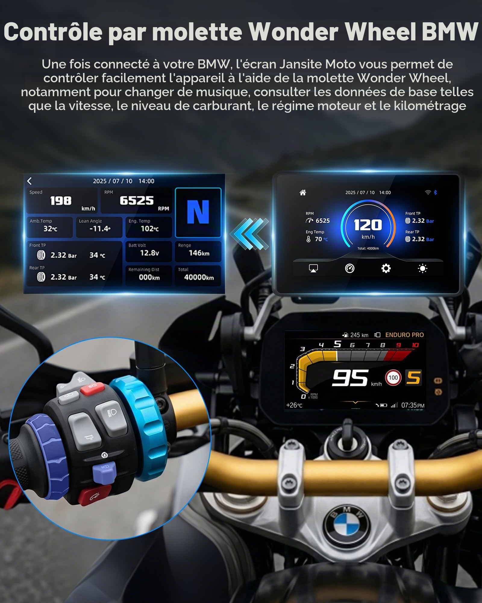 Jansite Carplay Moto avec Molette Wonder Wheel Native pour BMW Motorrad | 5'' Écran Tactile Étanche Tactile, CarPlay et Android Auto Sans Fil, Navigation GPS, Plug-and-Play