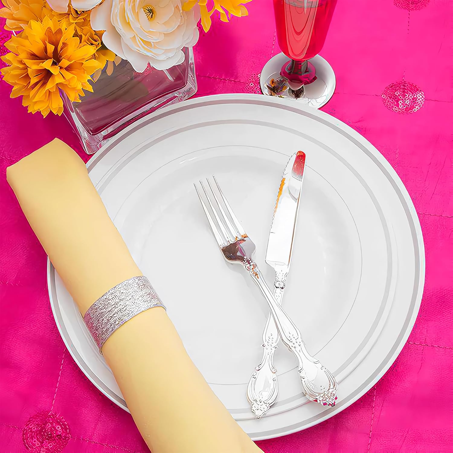 Kaya Elegant Silver & Gold Rim Disposable Pastry Plates - 6" (Pack Of 10) - Premium Plastic Dessert Plates For Parties, Weddings & Events - Image 6