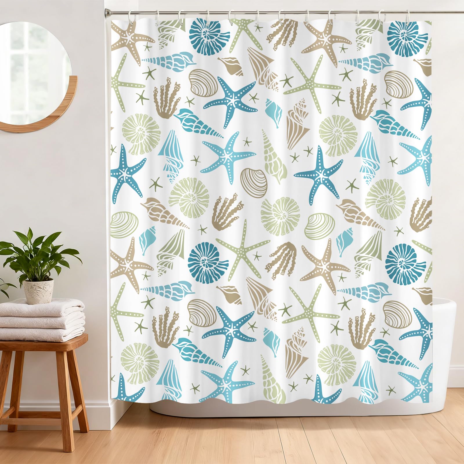 BREASOME Ocean Theme Shower Curtain 180 x 180 cm Coastal Starfish & Seashells Shower Curtain for Bathroom Decor Mould Proof Waterproof Polyester Fabric Bath Curtain with 12 Hooks
