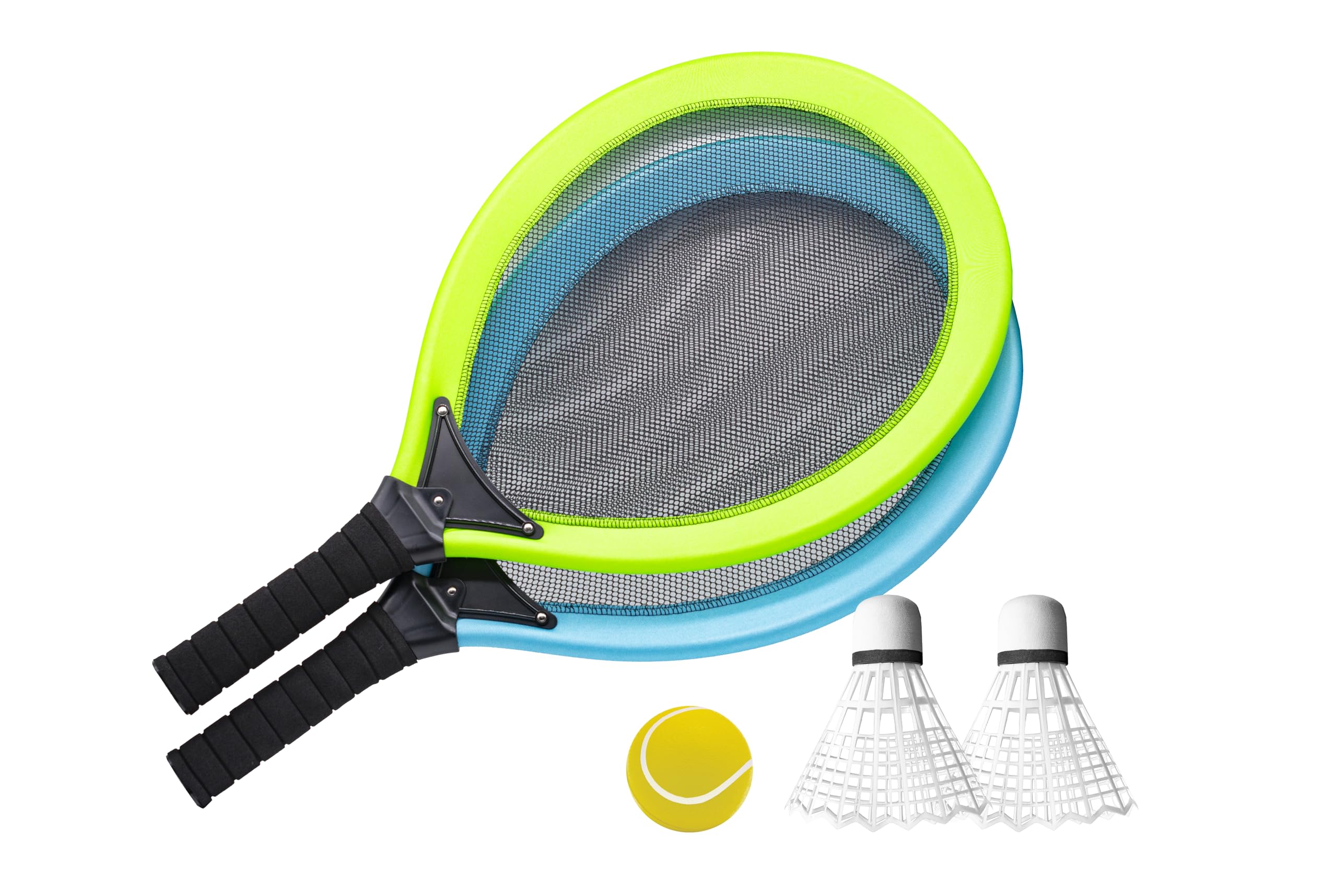 Jumbo Tennis-Federball Set - XXL Schläger 70 x 36,5 cm mit Tennisball | Leichtes Outdoor-Spielset für Kinder & Erwachsene, wetterfeste Riesen-Badminton-Schläger inkl. 2 XL Federbällen & Ball