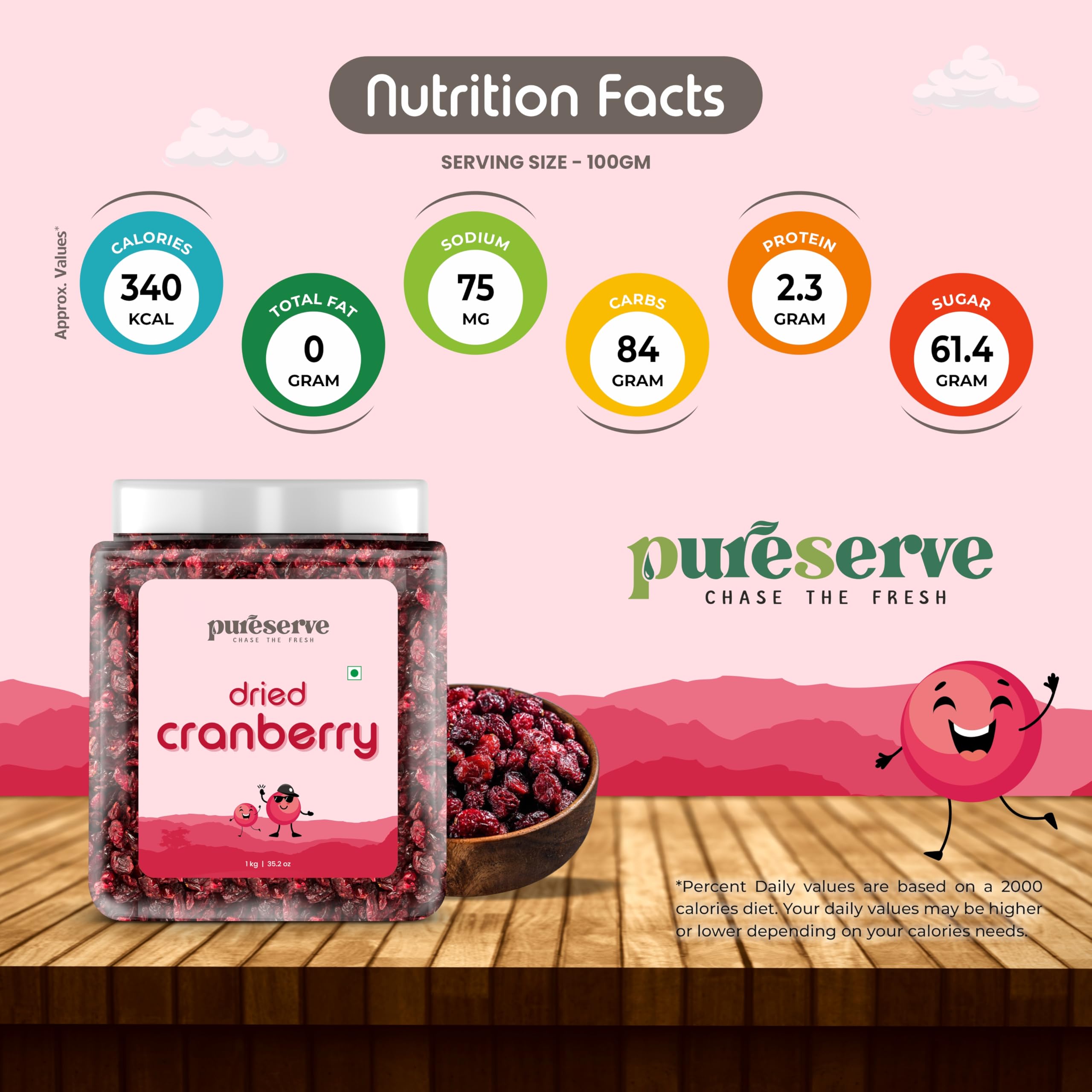 Pureserve Premium Dried Cranberries 1Kg – Naturally Sweet & Tangy | Antioxidant-Rich Superfood Dry Fruits | No Added Preservatives | Ideal for Snacking, Baking & Smoothies - Image 5 thumbnail