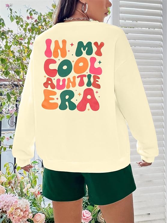 VILOVE Aunt Sweatshirt Women: Auntie Era Letter Print Pullover Crewneck Long Sleeve Top