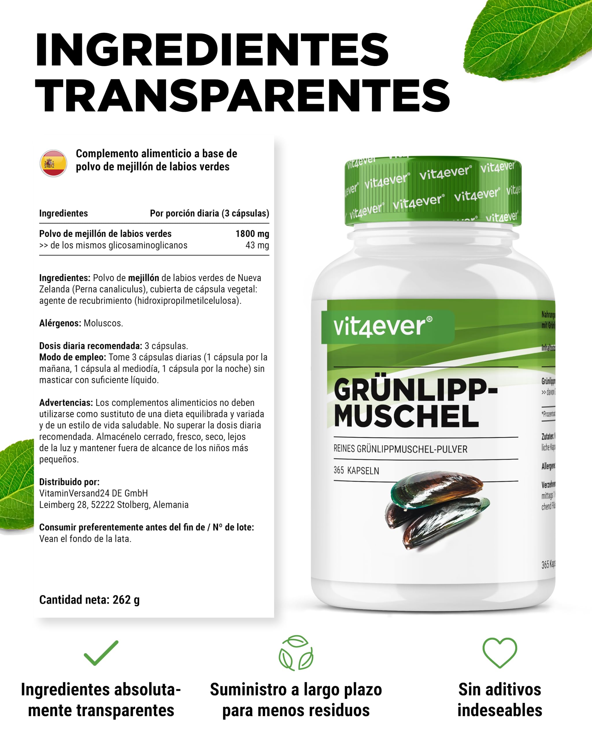 Mejillón de labio verde - 365 cápsulas de 600 mg cada una - Con glicosaminoglicanos - Extracto altamente dosificado - 100% polvo de mejillón de labio verde de Nueva Zelanda sin aditivos