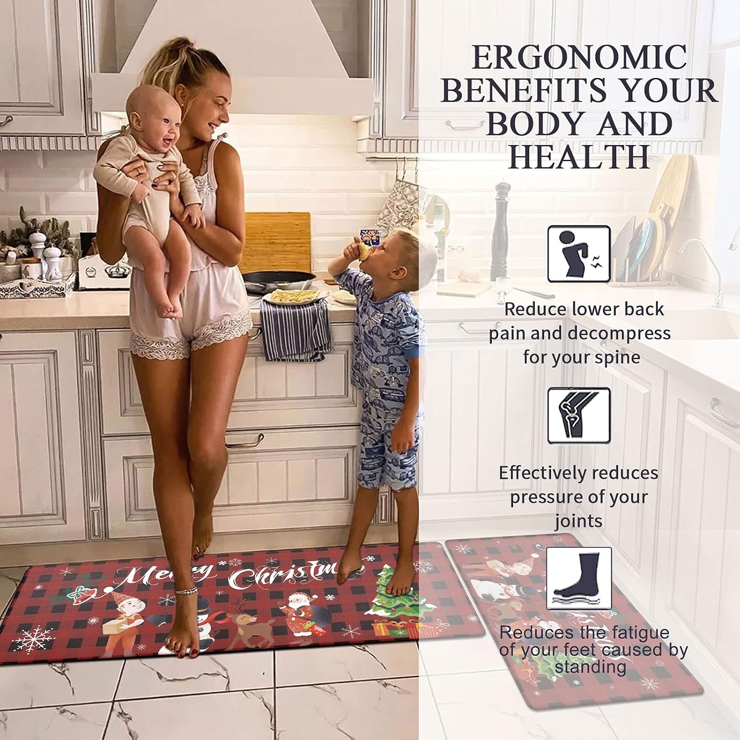 U'Artlines 2 Piece Christmas Kitchen Rugs, Anti Fatigue Cushioned Christmas Elk Santa Claus Non Slip Waterproof Heavy Duty Comfort Standing Mats for Winter Holiday Home Party Decorations (Red)