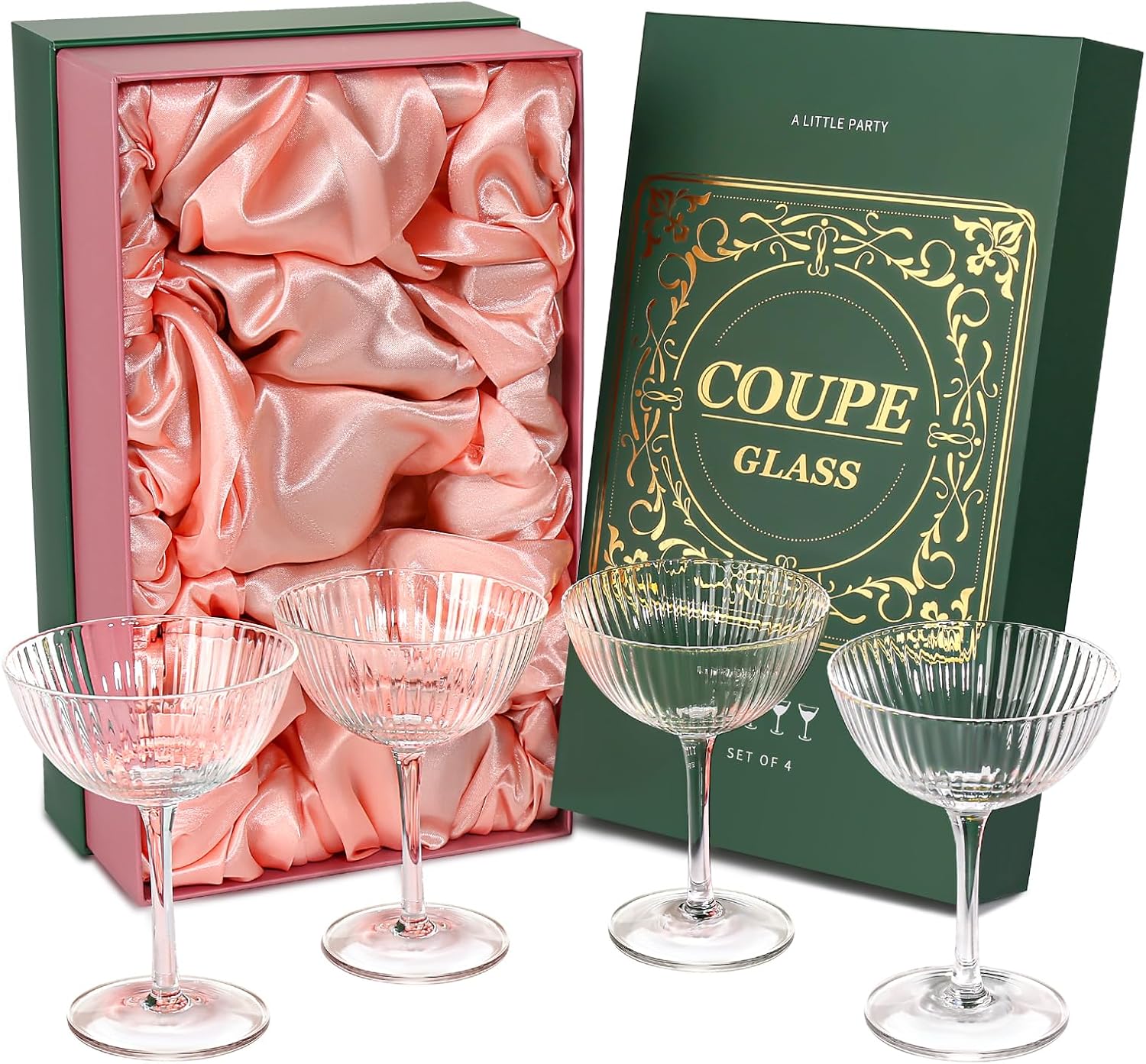 Coupe Glasses Set of 4, Ribbed Crystal Glass Cocktail Glasses with Luxury Box, 8oz Reusable Clear Hand Blown Martini Glasses for Drink, Martini, Espresso Martini, Home Bar, Christmas