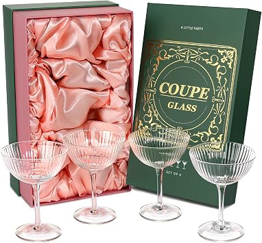 Coupe Glasses Set of 4, Ribbed Crystal Glass Cocktail Glasses with Luxury Box, 8oz Reusable Clear Hand Blown Martini Glasses for Drink, Martini, Espresso Martini, Home Bar, Christmas