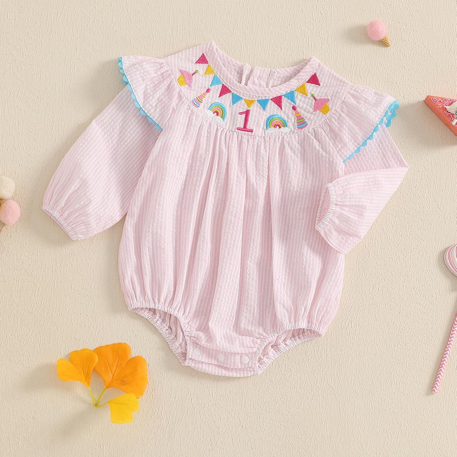BULINGNA Baby Girl First Birthday Outfit Ice Cream Rainbow Embroidery Ruffle Plaid Romper One Year Old Onesie Fall Clothes - Image 3