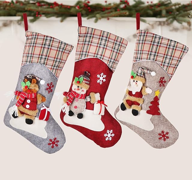ABSOFINE Christmas Stocking 18" Xmas Sock Burlap Stockings Personalized Snowflake Santa Snowman Reindeer Design Christmas Ornament Candy Gift Sack, Set of 3