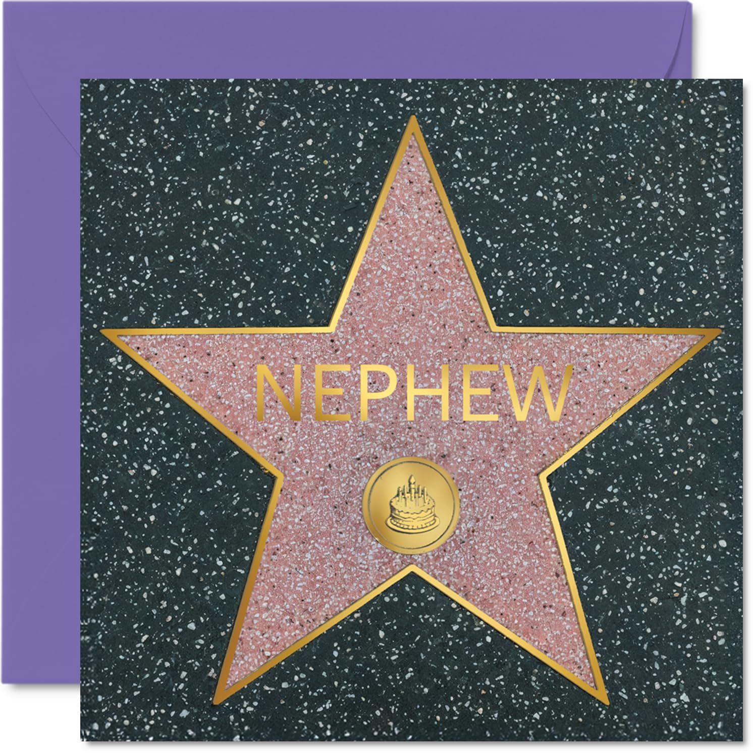Heartfelt Birthday Card for Nephew - Shining Star Vibes - Gold 'NEPHEW' Lettering with Bold Pink, Purple and Black Stars - 145mm Square, Envelope Included