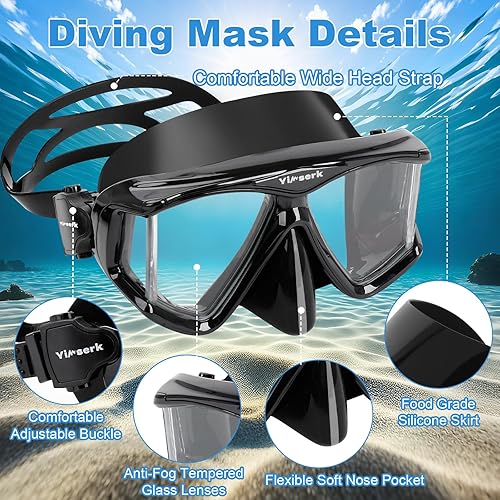 Miniatura 3 de Máscara de buceo para adultos, máscara de esnórquel de vidrio templado antivaho con cubierta para la nariz, gafas de natación panorámicas de 180,