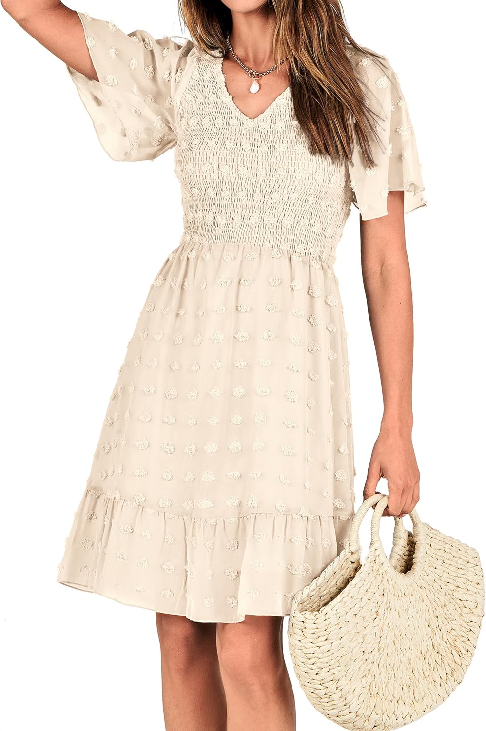 BTFBM Womens Beach Vacation Dress Summer 2026 V Neck Short Sleeve Smocked Swiss Dot Ruffle Casual Spring Mini Dresses - Image 8