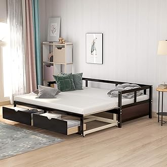 Merax Wooden Daybed Extendable Bed with Trundle Bed and Two Storage Drawers, Sofa Bed for Bedroom Living Room (Espresso)