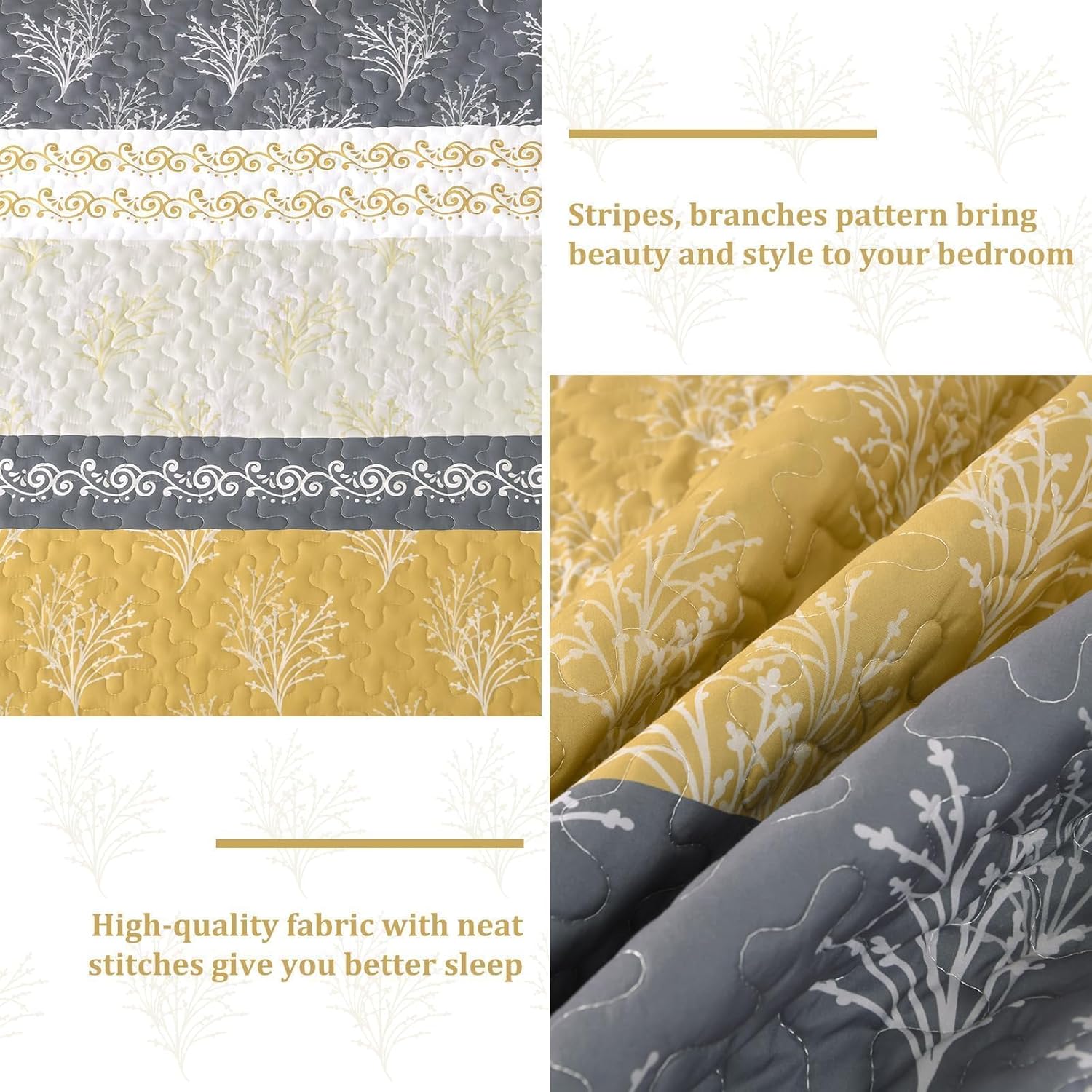 DJY Yellow Boho Quilt Set King Size, Striped Floral Yellow and Grey Bedspread Coverlet, 3 Pieces Patchwork Stripe Quilt Bedding Set Soft Microfiber Reversible Bedspread for All Season (110"x90") - Image 5