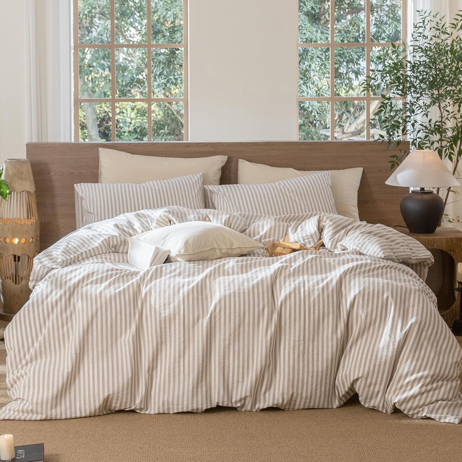 Lanqinglv Bettwäsche 220x240 Baumwolle Gestreift Beige,ÖKO-TEX Bettwäsche | Renforce Baumwolle Bettwäsche Set mit Reißverschluss,Bettwäsche für Allergiker Geeignet,2 Bettbezug & 2 Kissenbezug 80x80 cm