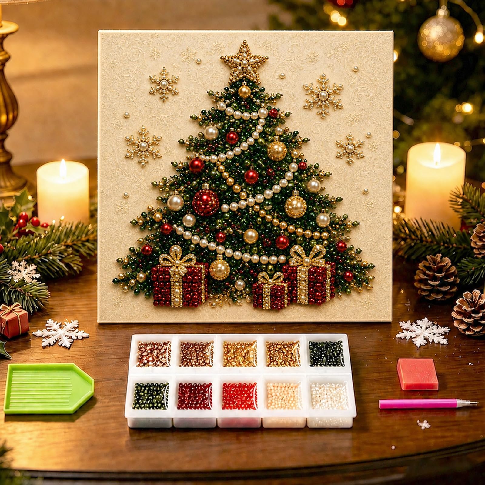 DIY Christmas Pearl Diamond Art Painting Kit (Christmas tree), Christmas Pearl Beads Art Craft for Adults & Beginners,Gemstone Diamond Dots Beads Painting for Home Wall Decor, Seasonal Party Gift