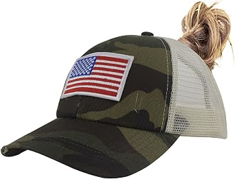 HGGE Womens USA American Flag Trucker Hats Washed Distressed Cotton Denim Ponytail Baseball Cap Adjustable High Messy Bun Ponycap Mesh Dad Hat Green Camo