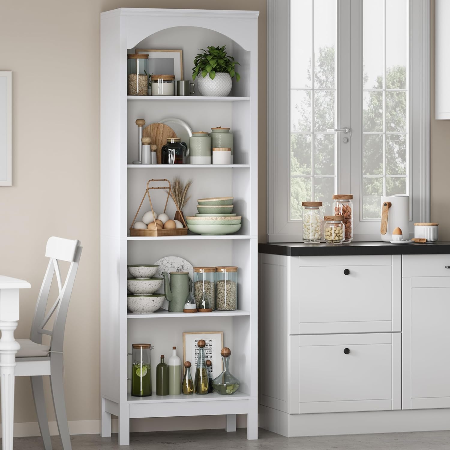 Arched Bookshelf with 5 Tier Open Shelves, 71" Tall Wood Bookcase with Adjustable Shelves, 24" Wide Floor Standing Display Storage Shelf for Home Office, Kitchen, Study and Living Room, Modern White