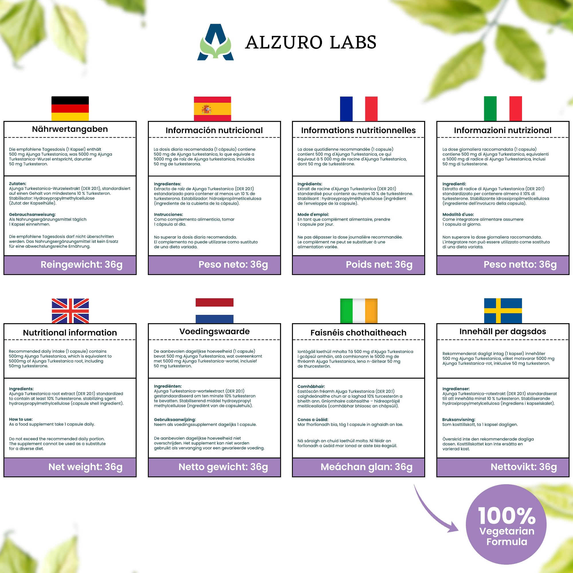 Turkesterone | 5,000mg Equivalent | 50mg Turkesterone per Capsule (10% Standardised) | 500mg 10:1 Ajuga Turkestanica Extract | 60 Vegan Capsules | GMP & Testé en Laboratoire Indépendant