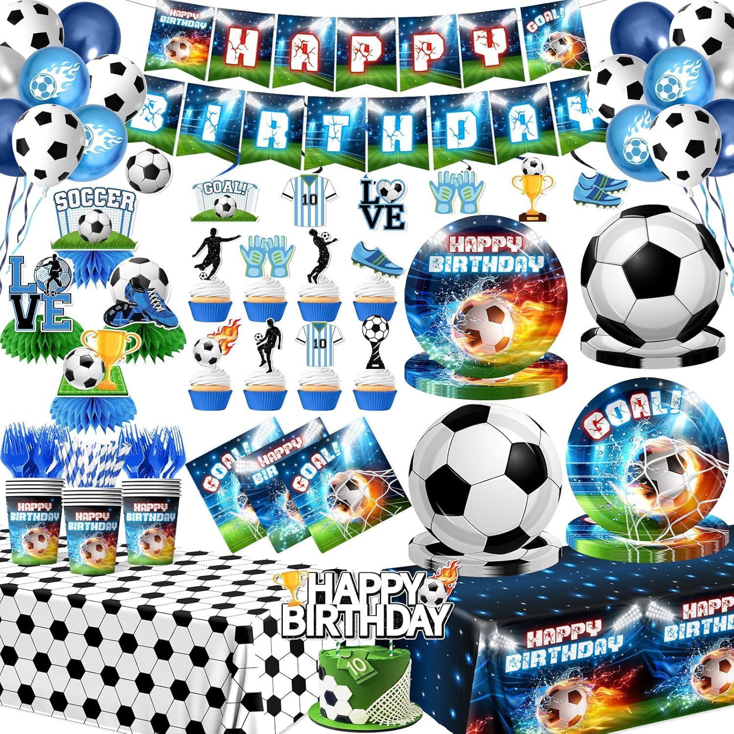 Soccer Birthday Party Decorations, 197Pcs Soccer Party Decorations with Plates,Napkins,Cups,Tablecloth,Banner,Hanging Swirls,Honeycomb,Balloons,Cupcake Topper for Boys Sports Theme Birthday Supplies