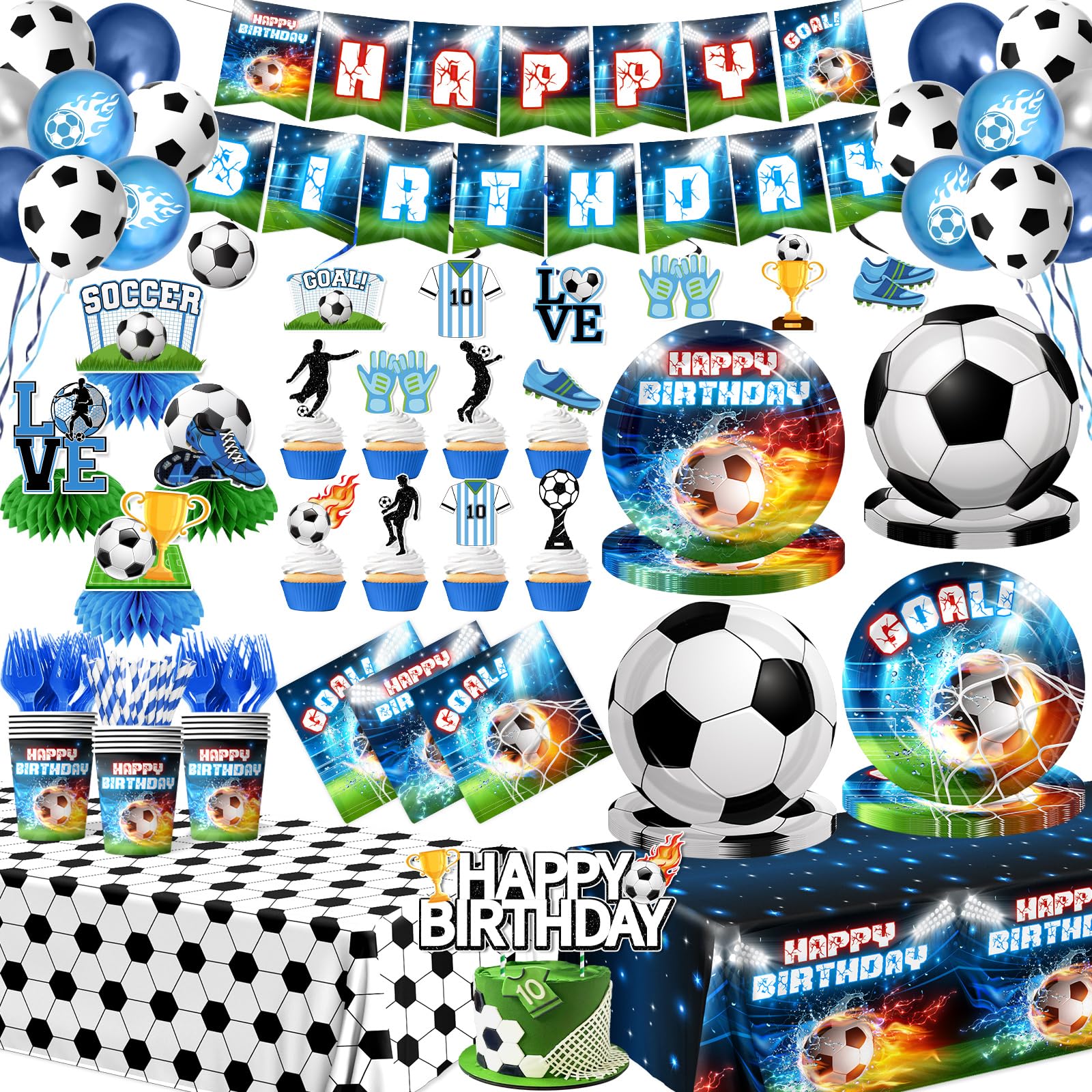 Soccer Birthday Party Decorations, 197Pcs Soccer Party Decorations with Plates,Napkins,Cups,Tablecloth,Banner,Hanging Swirls,Honeycomb,Balloons,
