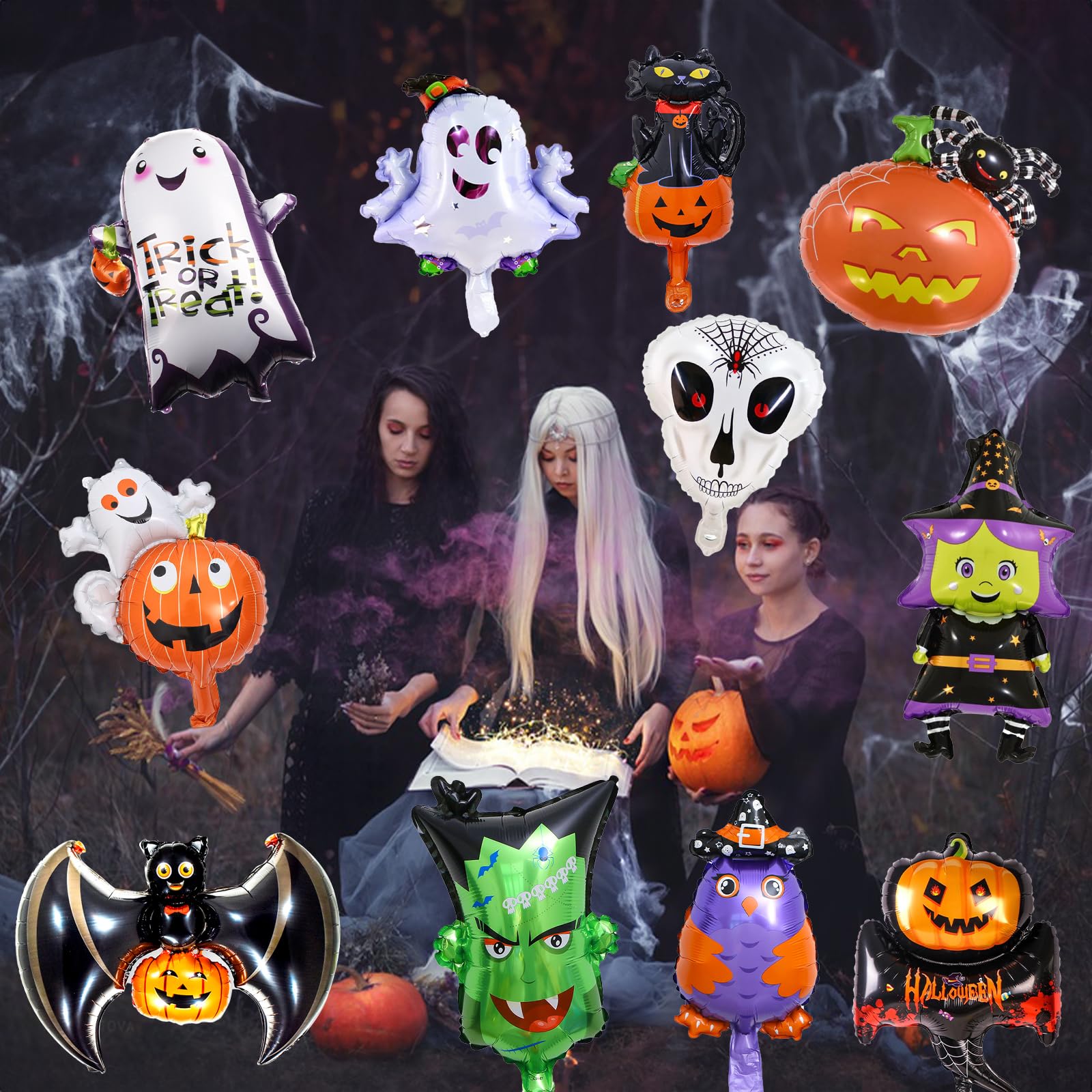 11 Stück Halloween Folienballon Set, Mini Luftballon Geist Spinne Kürbis Katze Hexe Monster Totenkopf Eule Helium Halloween Deko Ballon für Kinder Gruselig Halloween Trick or Treat Party Dekoration