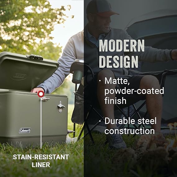 Coleman Reunion Premium Portable Cooler 54qt Steel Belted Leak-Resistant Heavy-Duty Latch Handles & Drain Built-in Bottle Opener Perfect for Camping Tailgating Beach & Picnic