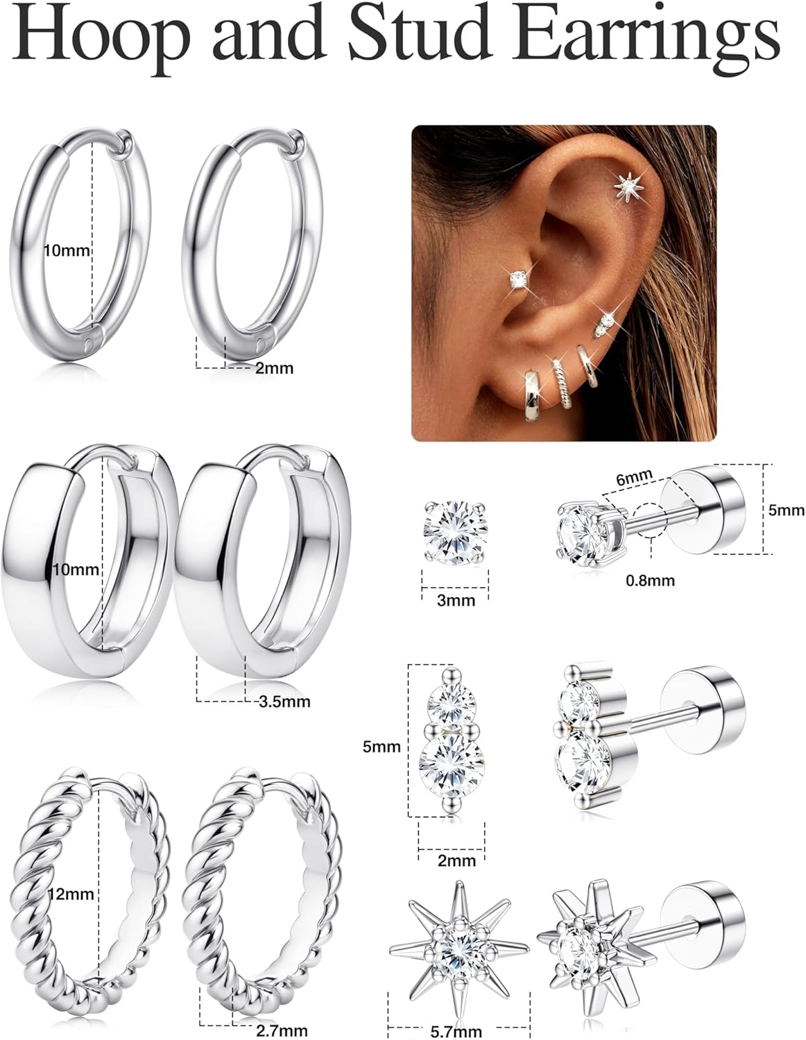 Florideco Small Hoop Earrings 14K Gold Plated Hypoallergenic Flat Back Earrings Surgical Stainless Steel Cartilage Earring Sets for Multiple Piercing Trendy Earring Stacks Flatback Stud Earrings - Image 6