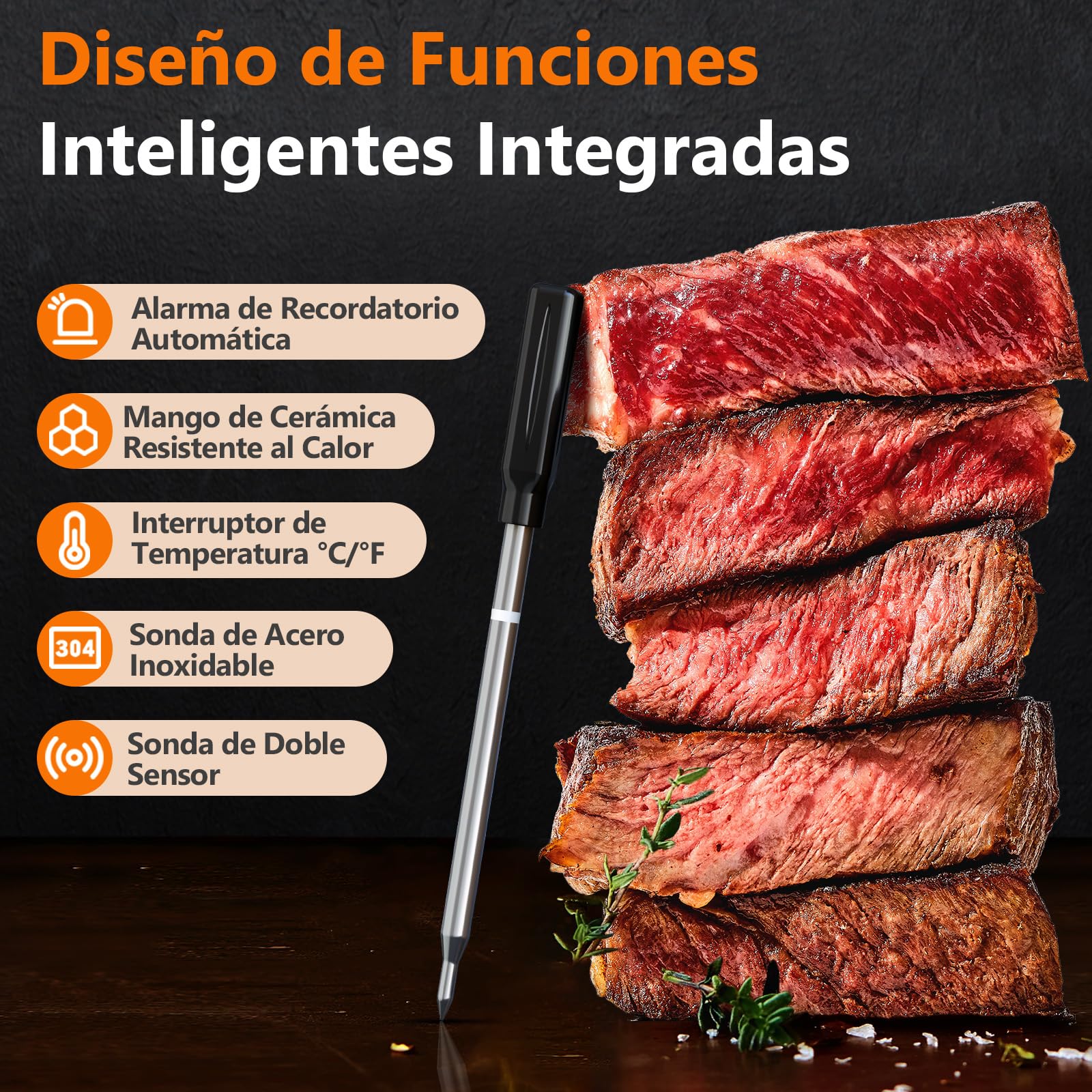 AIRMSEN Termómetro de Carne Inalámbrico con Pantalla LCD, Impermeable IPX8, Termómetro de Barbacoa Bluetooth con Alcance de 150m, Control por App, Mango de Cerámica, para Parrilla, Horno y BBQ