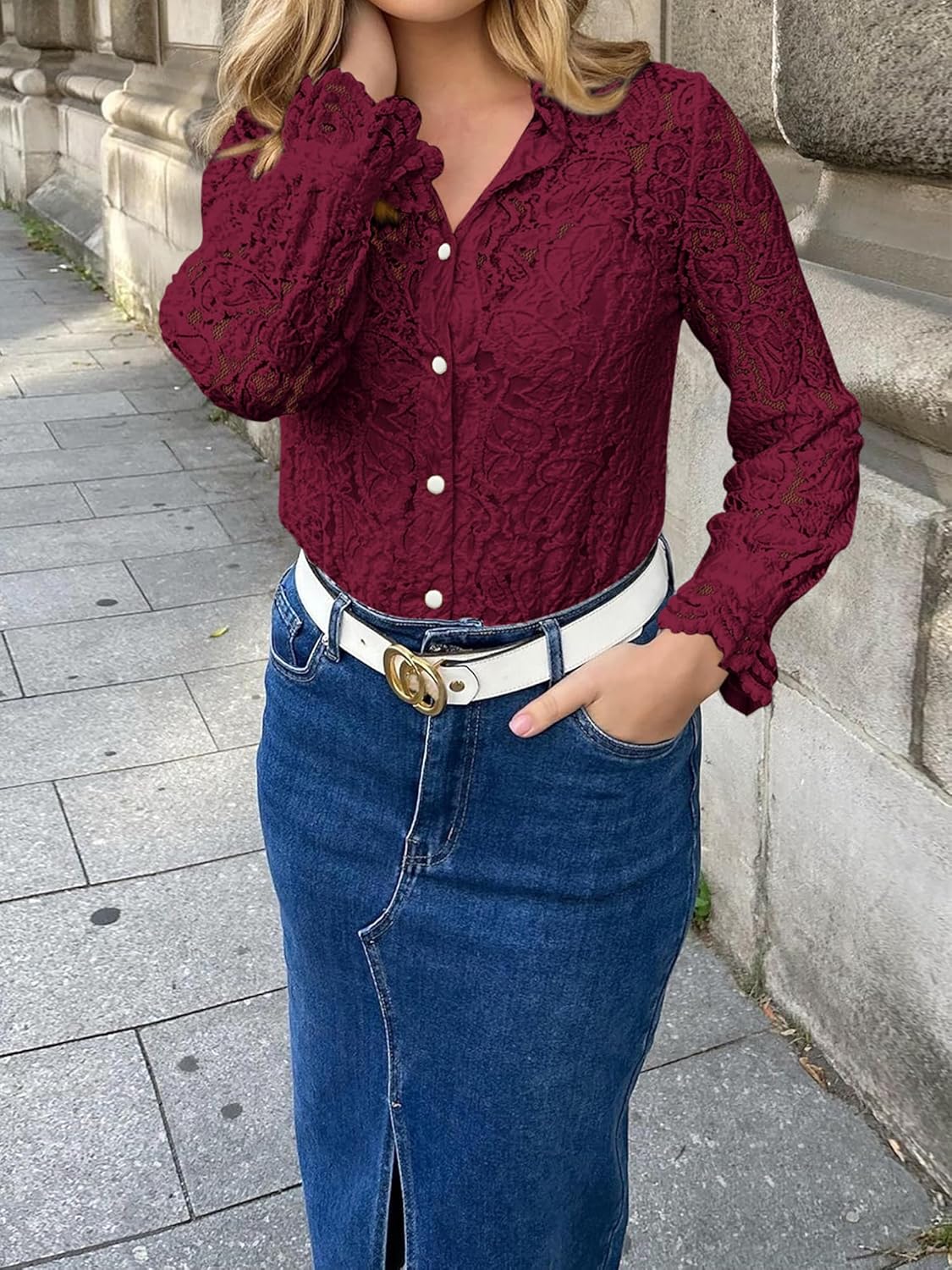 BTFBM Long Sleeve Lace Blouses for Women 2024 Fall Dressy Casual Button Down Shirts Date Night Outfit Club Party Tops - Image 6