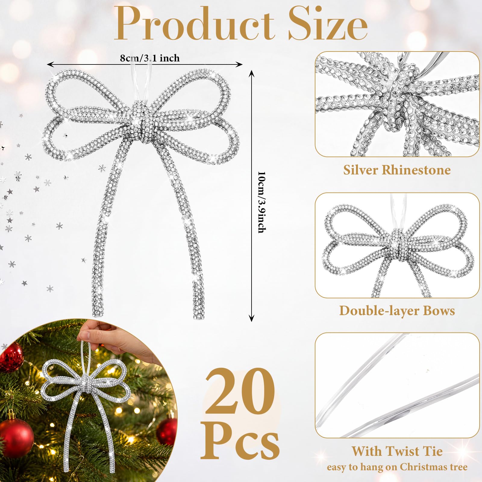 Pinkunn 20 fiocchi natalizi con strass, con design a doppio strato, con strass scintillanti, con cravatta intrecciata, decorazione per albero di Natale, ghirlande, confezioni regalo (bianco)